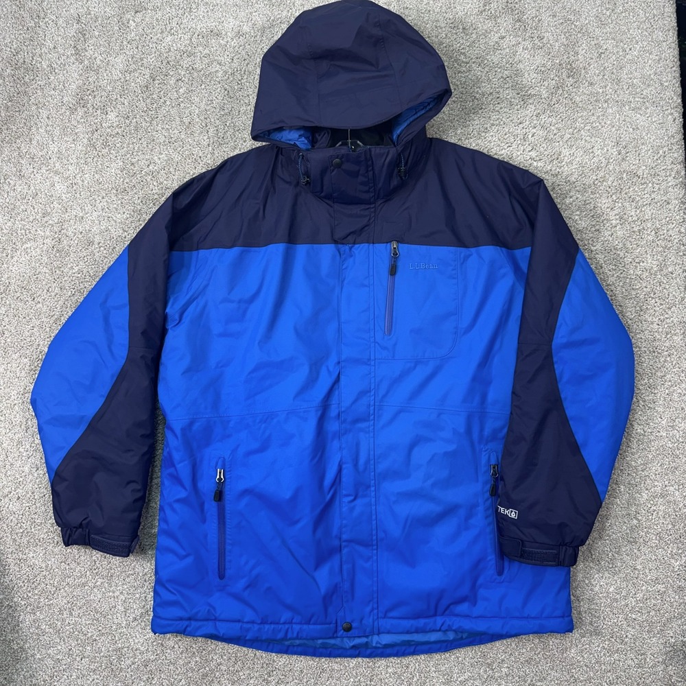 LL Bean Winter Jacket Mens XXL Blue Colorblock Hooded TEK 2.5 Insulated Parka